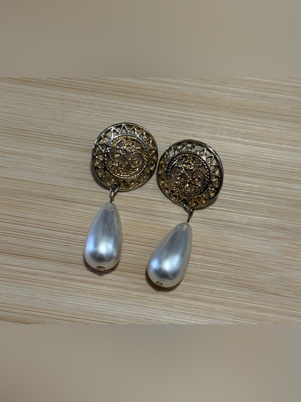 Gold Tone Filigree Stud Earrings with Pearl Teardrops